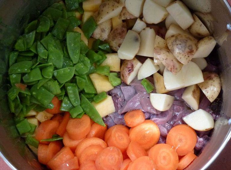 diced potatoes, carrots, mange tout and neep