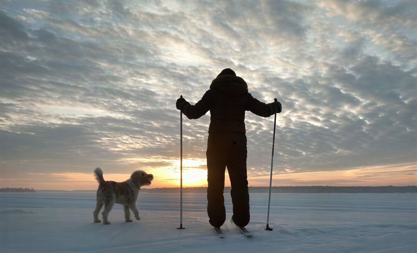 cross country skier watches as the sun rises with a dog