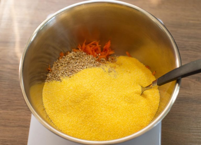 polenta in mixing bowl