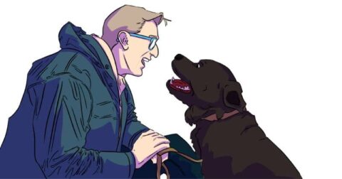 illustration of a man talking to his dog