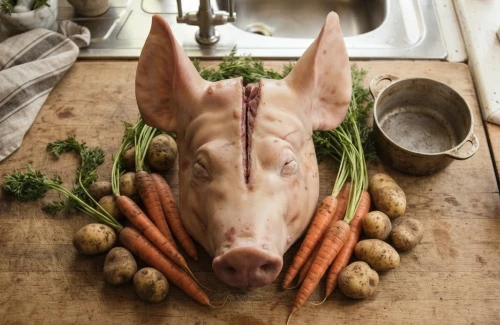pigs head and veg on a kitchen worktop