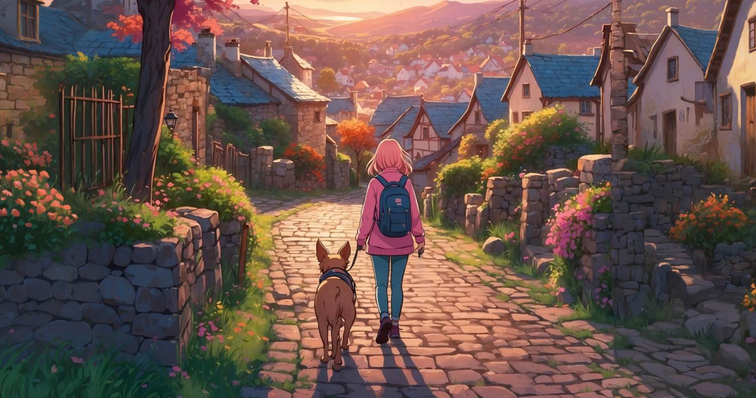 girl walking a dog at sunset