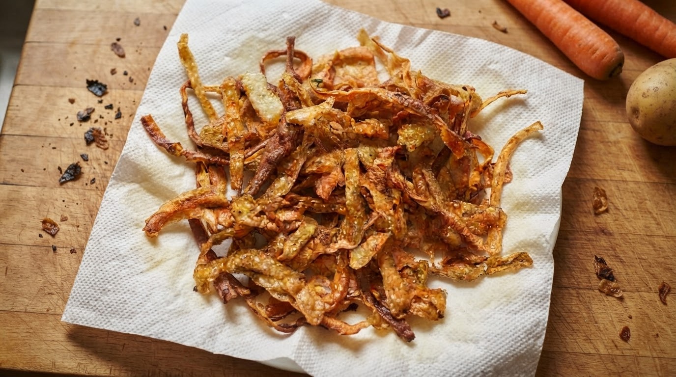 veggie peelings veg peelings draining on paper towel