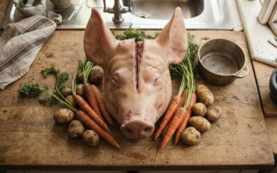 pig head dog food a pigs head on a kitchen worktop with carrots and potatoes