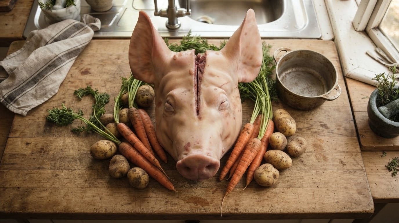 a pigs head on a kitchen worktop with carrots and potatoes