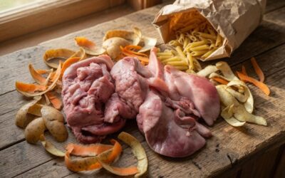 offal dog food recipe animal lungs and vegetable peelings on a kitchen worktop