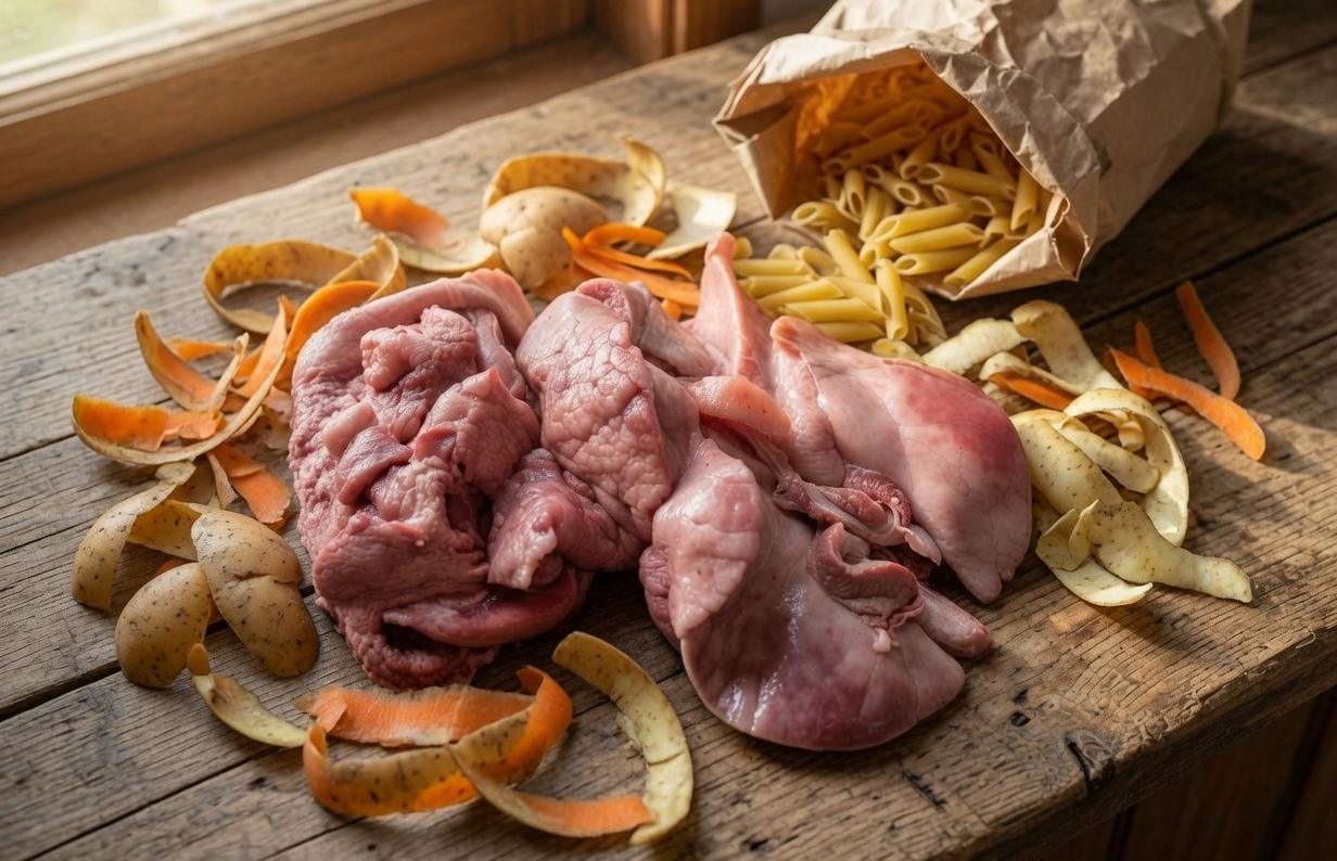 offal dog food recipe animal lungs and vegetable peelings on a kitchen worktop