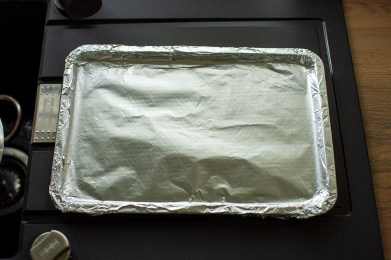 baking tray wrapped in tin foil